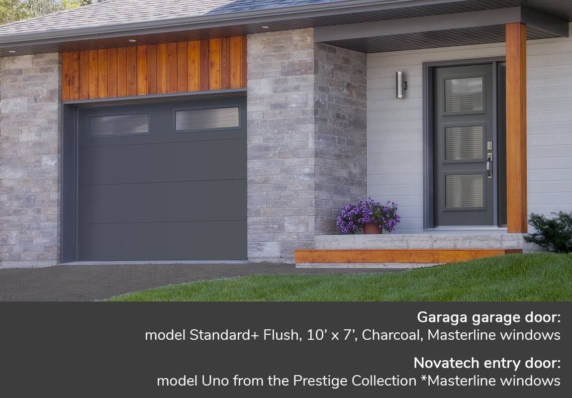 Garaga garage door: model Standard+ Flush, 10’ x 7’, Charcoal, Masterline windows | Novatech entry door: model Uno from the Prestige Collection *Masterline windows