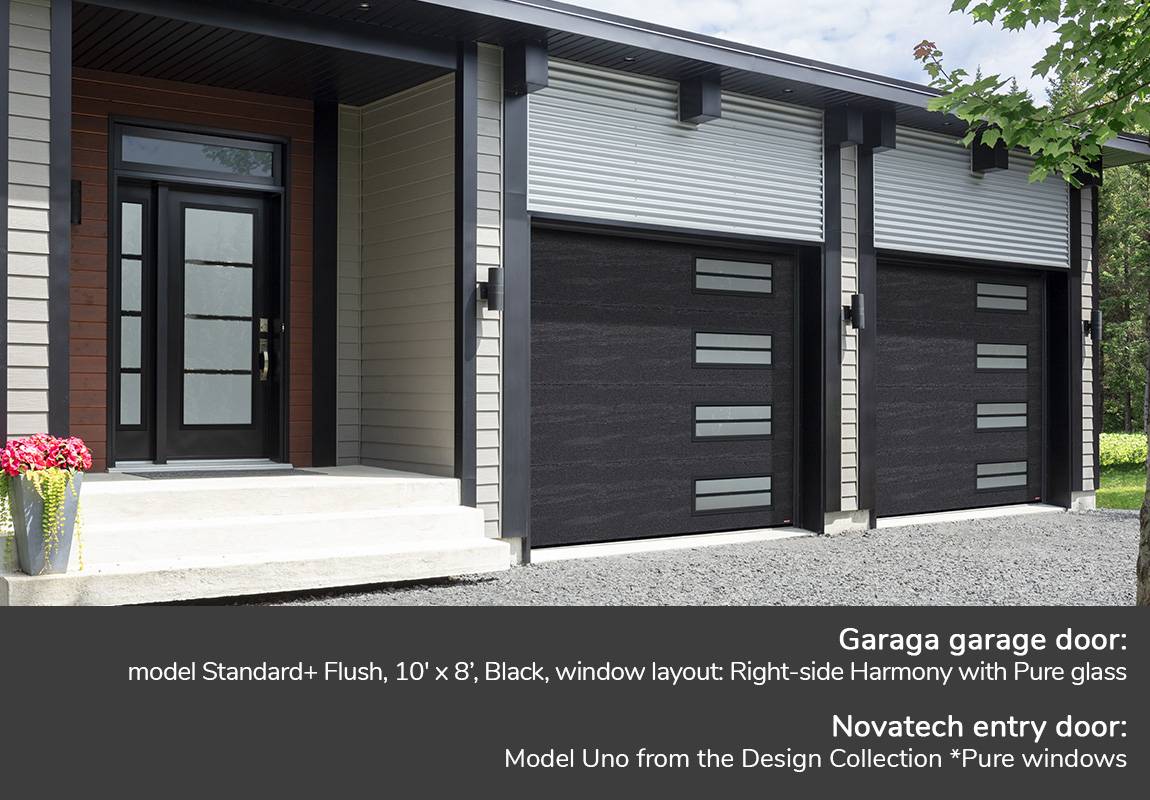 Garaga garage door: Standard+ Flush, 10' x 8", Black, window layout: Right-side Harmony with Pure glass