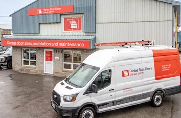 Portes Ram Doors office in Ottawa for sales or garage door consultants with a service vehicle for installation and repair